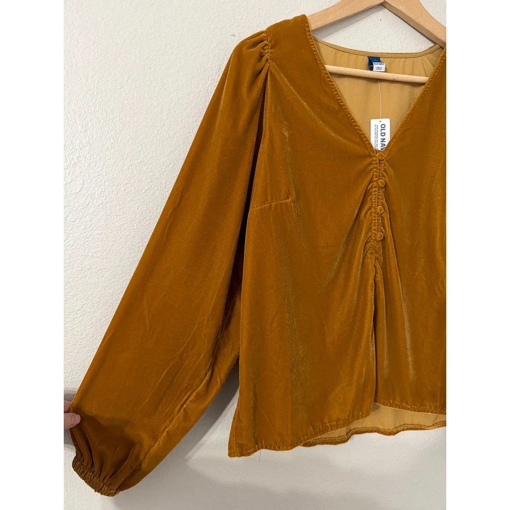 Old Navy‎ Women Gold Velvet Puff Sleeve V-Neck Button Front Blouse Sz S Tall NEW